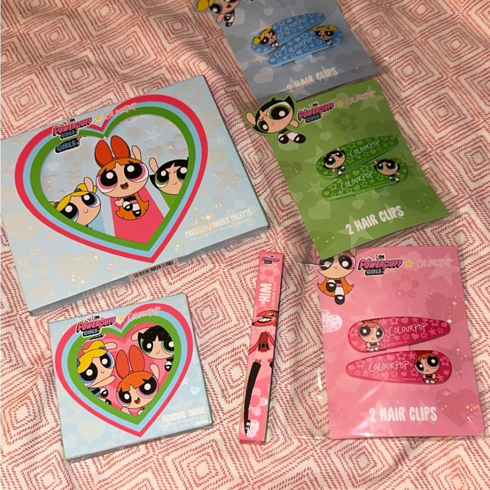 Lot of NIB Colourpop Power Puff Girls palette, eye pencil, blush, hair clips
